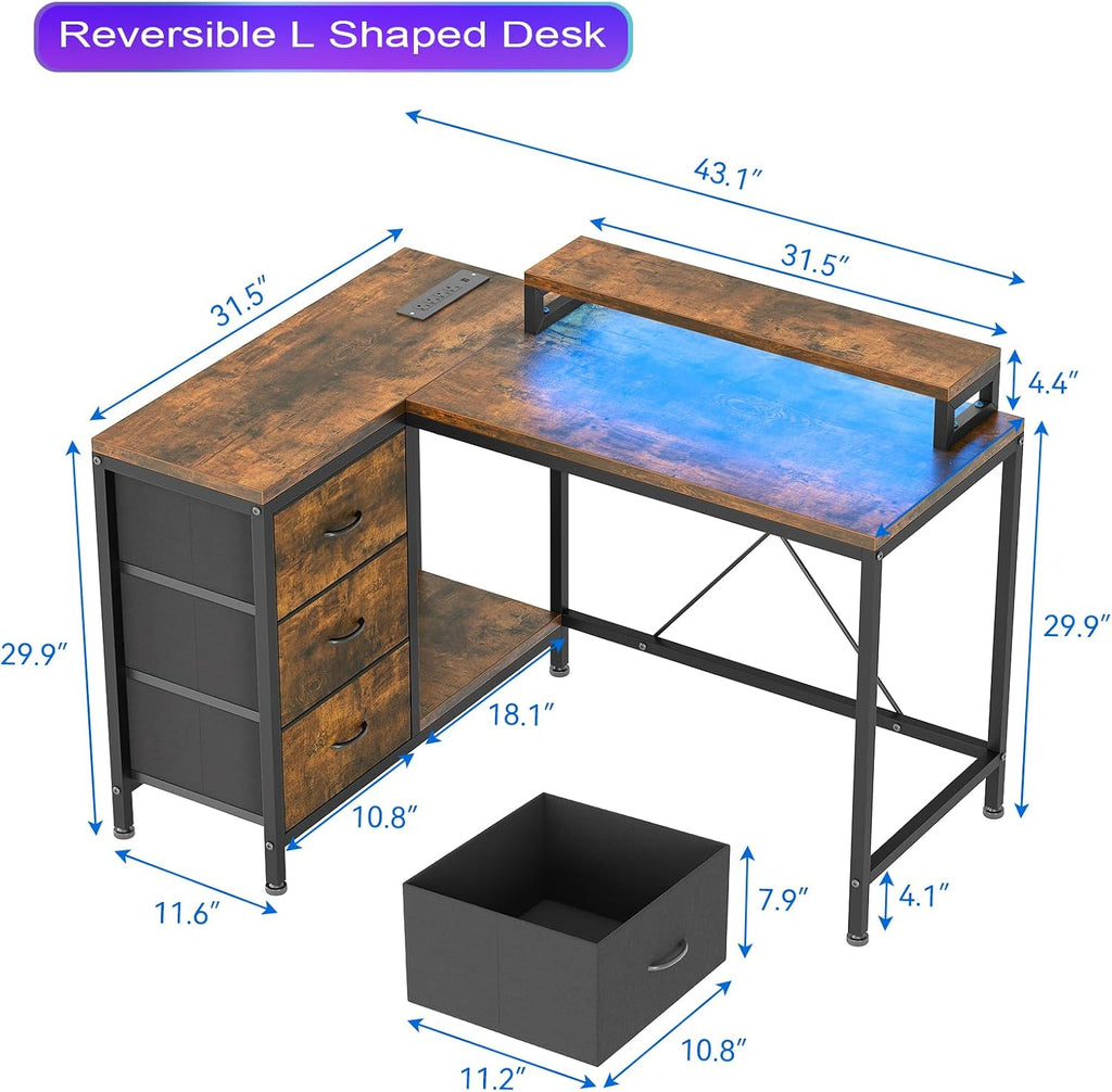 L Shaped Office Desk with Power Outlets, Computer Desk with Drawers, Shelves, for Gaming, Corner Work, Home Office, Study