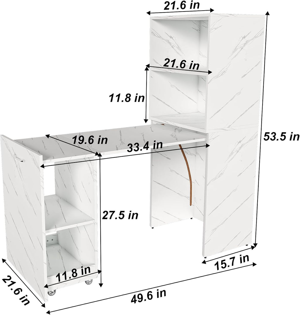 KEIKI Home Office Stretchable Desks with Storage Shelves and Mobile Wheels, Modern Wood Foldable Desk Gaming Computer Corner Table for Apartments Work, Study, Writing, White Marble