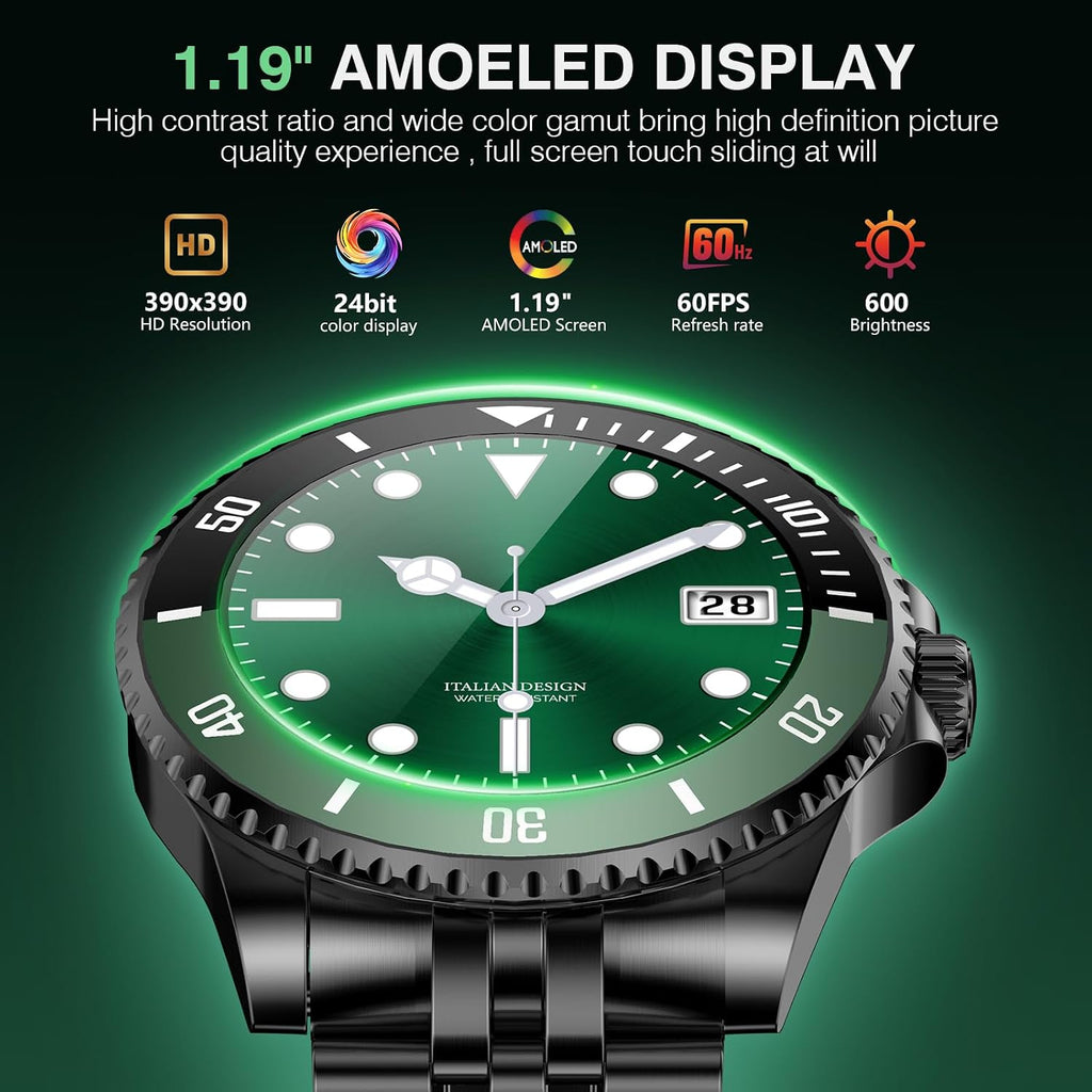 SOUYIE GPT Smart Watch with Bluetooth Call,1.19-inch AMOLED Display, 24/7 Heart Rate, Blood Oxygen, Blood Pressure, Sleep Monitor, 107 Sports Fitness Tracker, Compatible Android and iOS Black Green