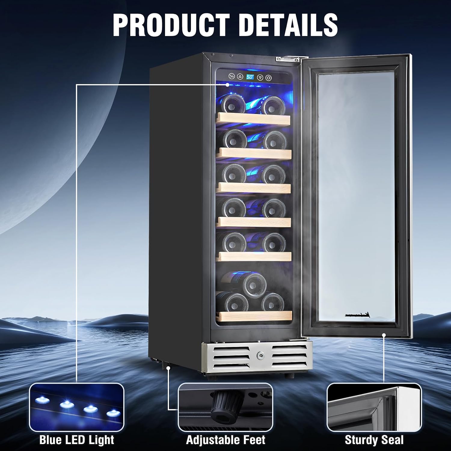 Kalamera Mini Fridge 18 Bottle - 12 inch Wine Cooler Refrigerator, Built-in or Freestanding, with Stainless Steel & Double-Layer Tempered Glass Door, and Temperature Memory Function Wine Fridge