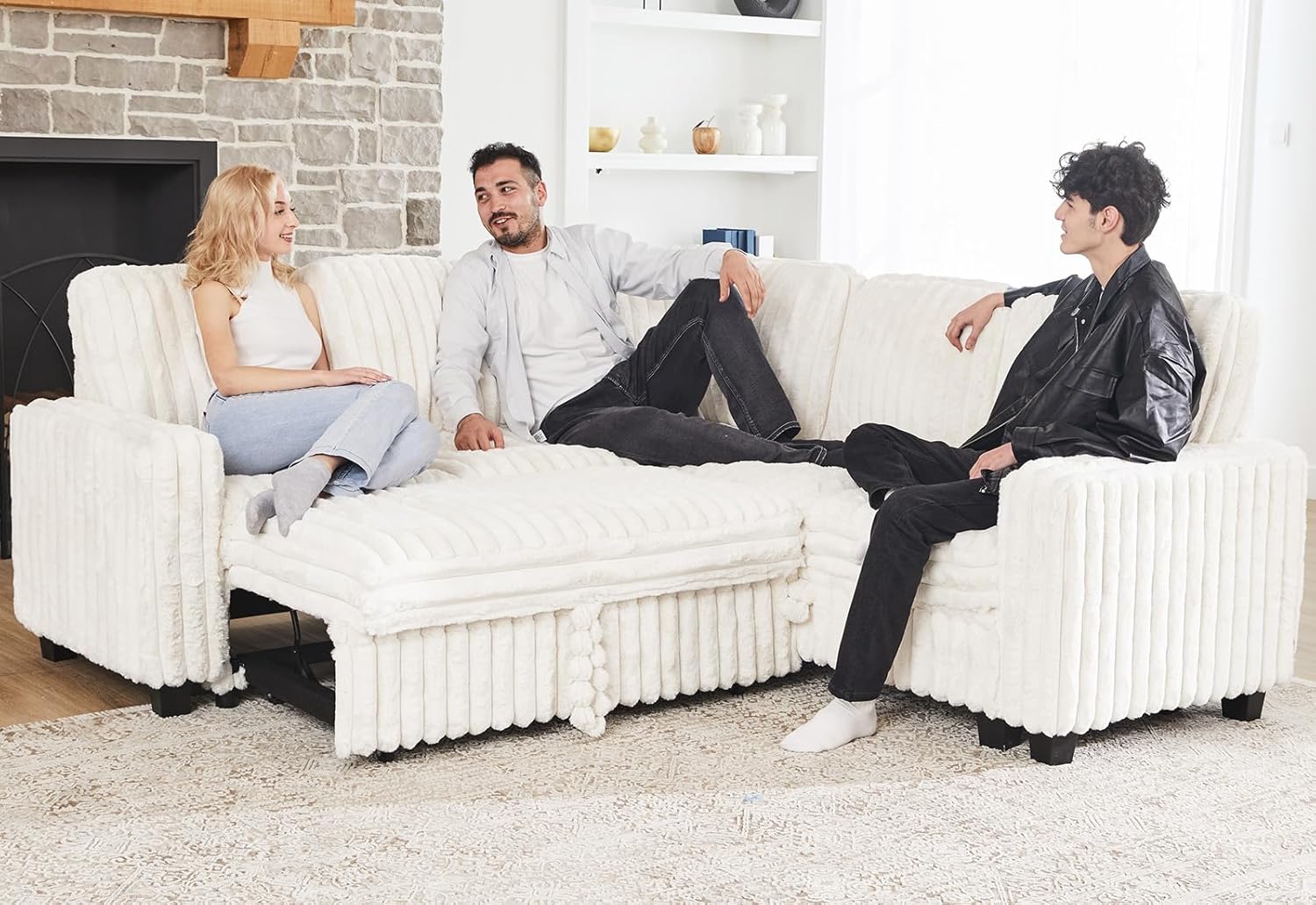 Belffin Plush Corduroy Modular Sectional Sofa with Pull Out Bed Convertible Small Sectional Corner Couch for Living Room Beige Couch
