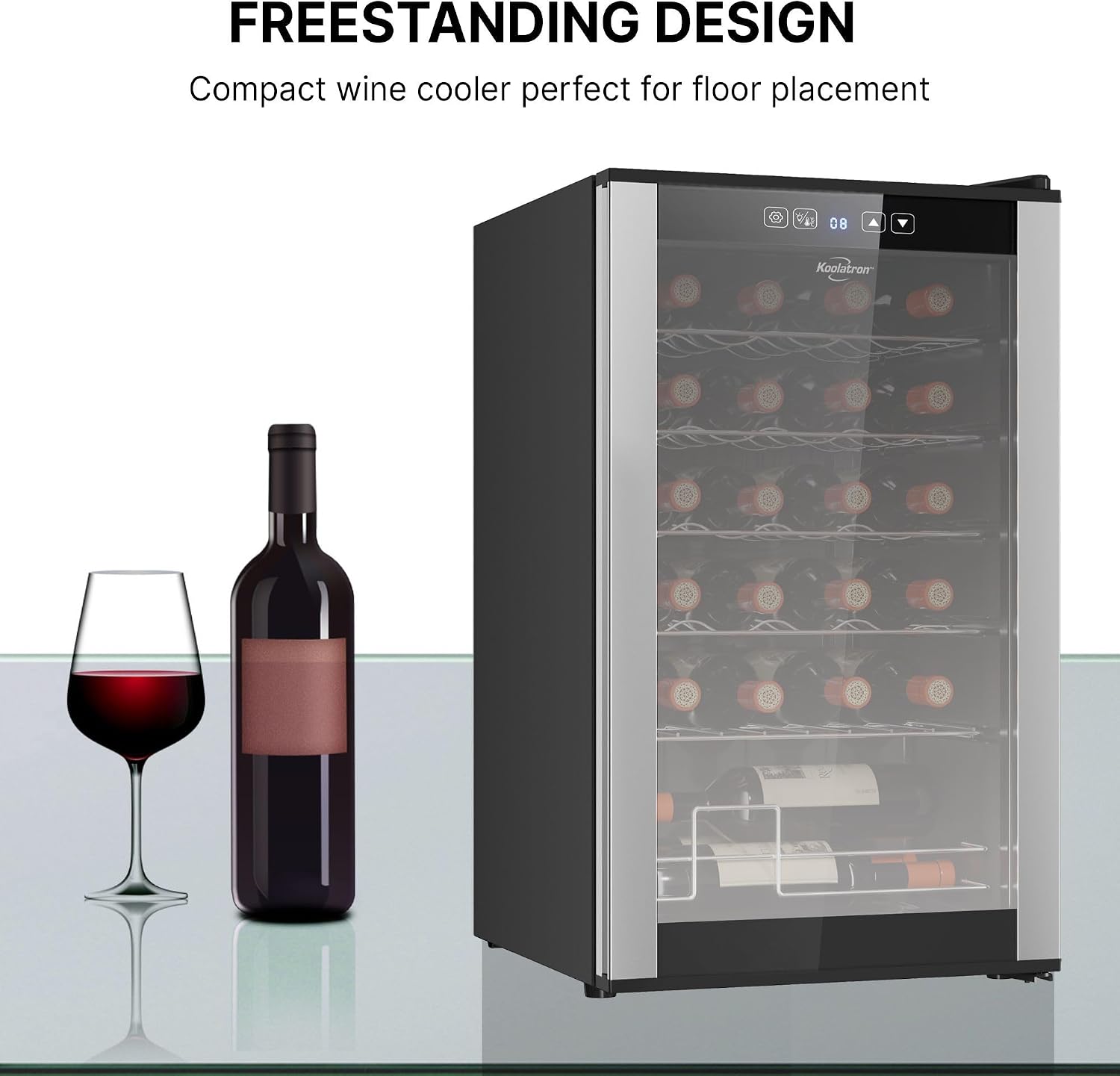 Koolatron 24 Bottle Wine Fridge – Freestanding Wine Cooler with Glass Door, 2.4 cu. ft (68 L), Beverage Can Refrigerator, Digital Temperature Control, Ideal for Red, White, Sparkling Wine, Champagne