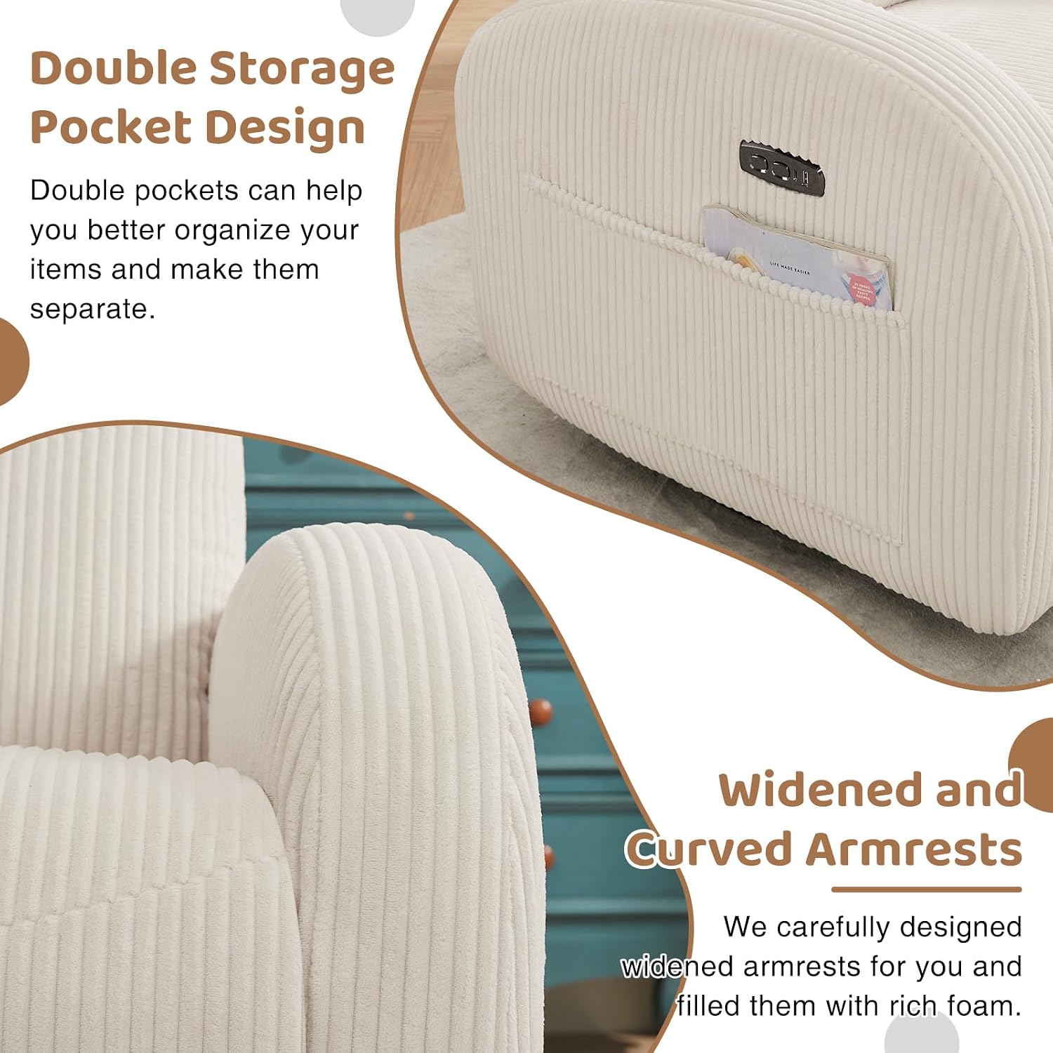 Power Nursery Glider Recliner, Swivel Glider Recliner with USB & Type-C Port, Swivel Reclining Nursery Rocker with Double Pockets for Living Room, White,Corduroy