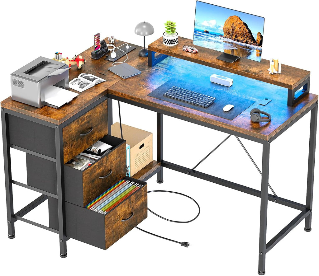 L Shaped Office Desk with Power Outlets, Computer Desk with Drawers, Shelves, for Gaming, Corner Work, Home Office, Study