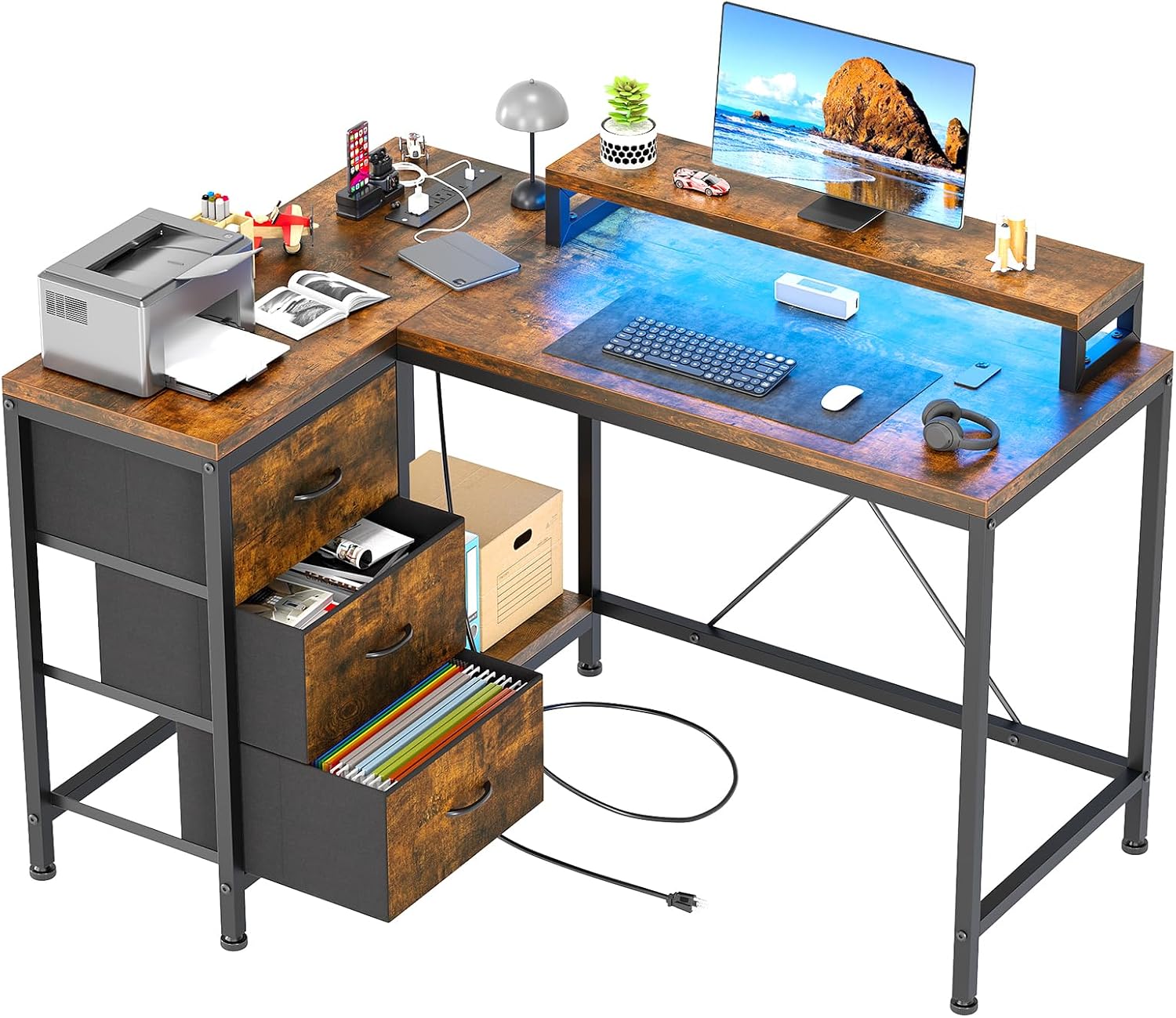L Shaped Office Desk with Power Outlets, Computer Desk with Drawers, Shelves, for Gaming, Corner Work, Home Office, Study