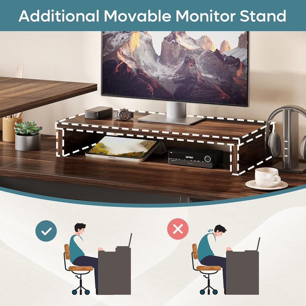 Bestier L Shaped Standing Desk with Lift Top, 55' x 55' Standing Corner Desk for Home Office, Computer Desk with Reversible File Drawer and Monitor Stand, Walnut