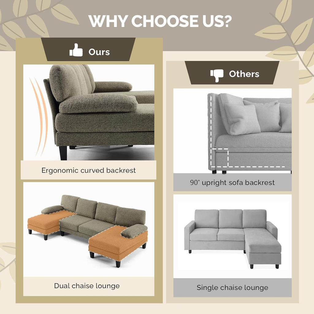 VINGLI 110' U-Shaped Sectional Couch with Two Chaise, Affordable Small Sofa with 4 Seats, Chenille Fabric Comfy Couches for Living Room, Khaki
