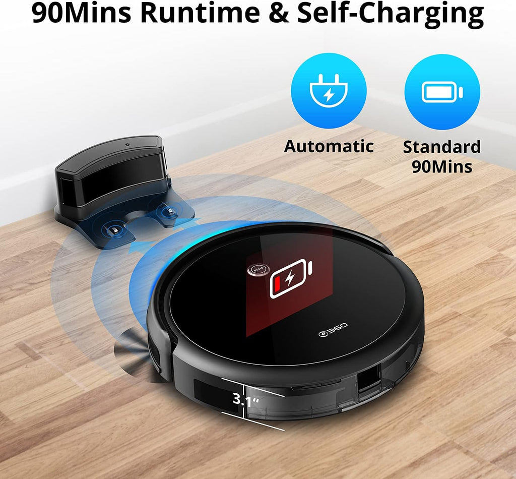 + 360 C50 Robot Vacuum Cleaner, Smart IR Remote Control, 2-in-1 Vacuum and Mop, 2600 Pa Strong Suction, 4 Cleaning Modes, Anti-Drop Sensors, Automatic Self Charging Robotic Vacuum Cleaner, Ultra-Thin