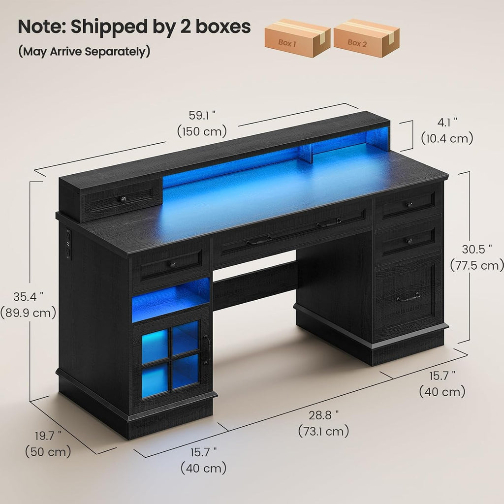 HAUOMS Farmhouse Executive Desk with Drawers Computer Desk with File Drawers, Power Outlet and Led Lights, Executive Office Desk with Storage Cabinet and Monitor Shelf for Home Office, Black