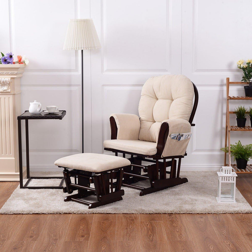 Rocking Chair Wood Heavy Duty Rocking Chair with Ottoman Cushion Set Baby Nursery Rocking Chair Glider with Adjustable Backrest for Living Room (Beige)