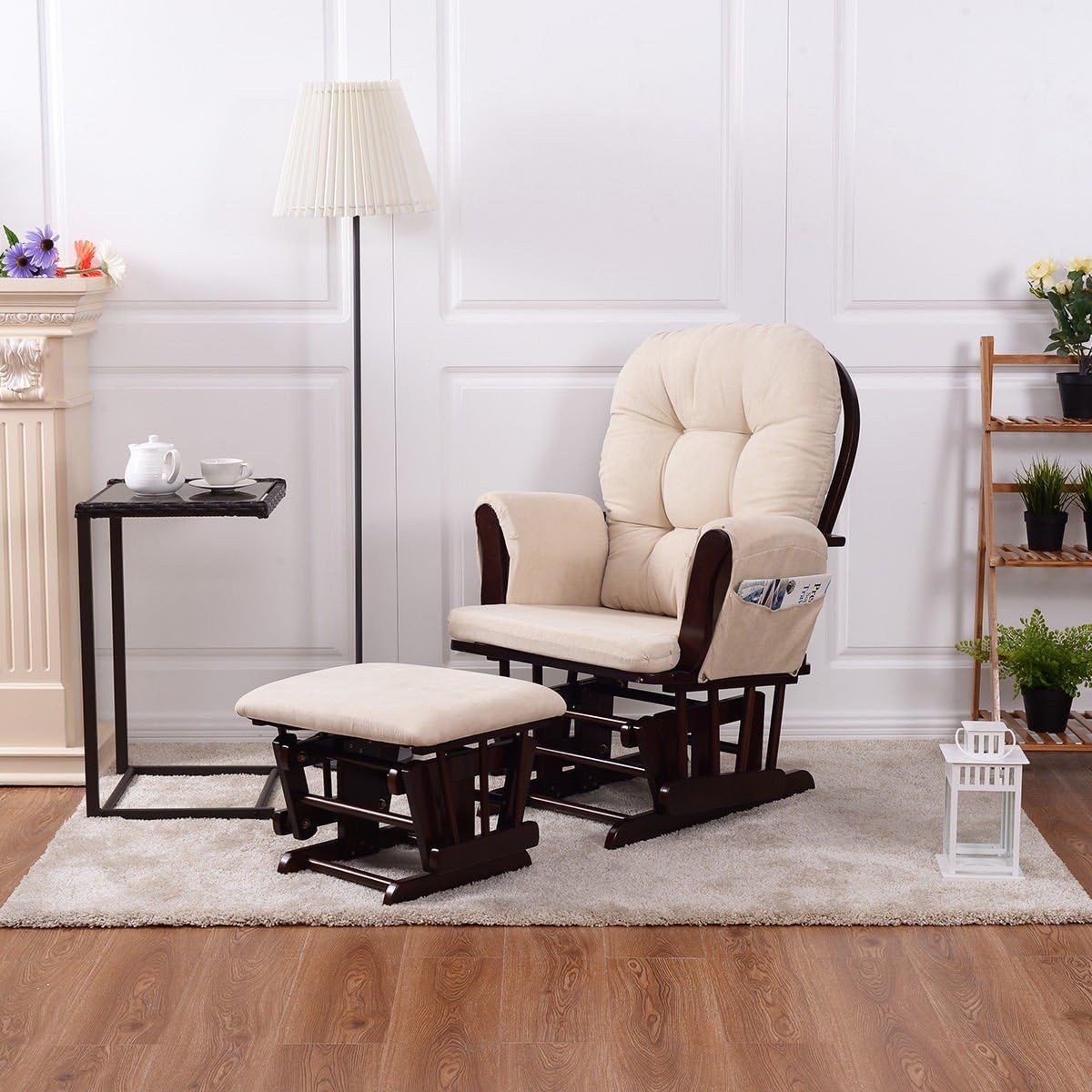Rocking Chair Wood Heavy Duty Rocking Chair with Ottoman Cushion Set Baby Nursery Rocking Chair Glider with Adjustable Backrest for Living Room (Beige)