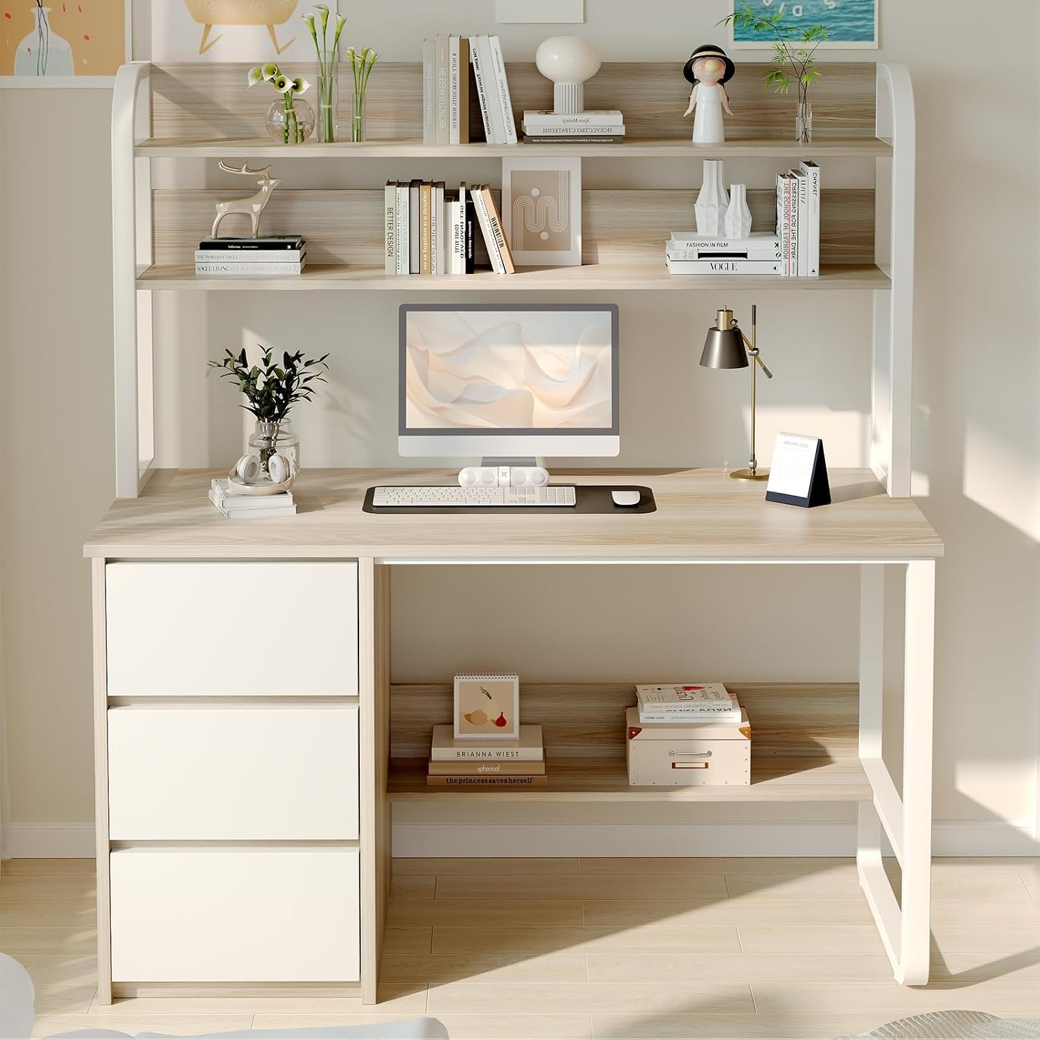 MaverickFurni Computer Desk with Hutch, 47 Inch Small Desk with 3 Drawers for Bedroom, Study Writing Desk with Shelves for Small Spaces, Adjustable Feet, Light Walnut