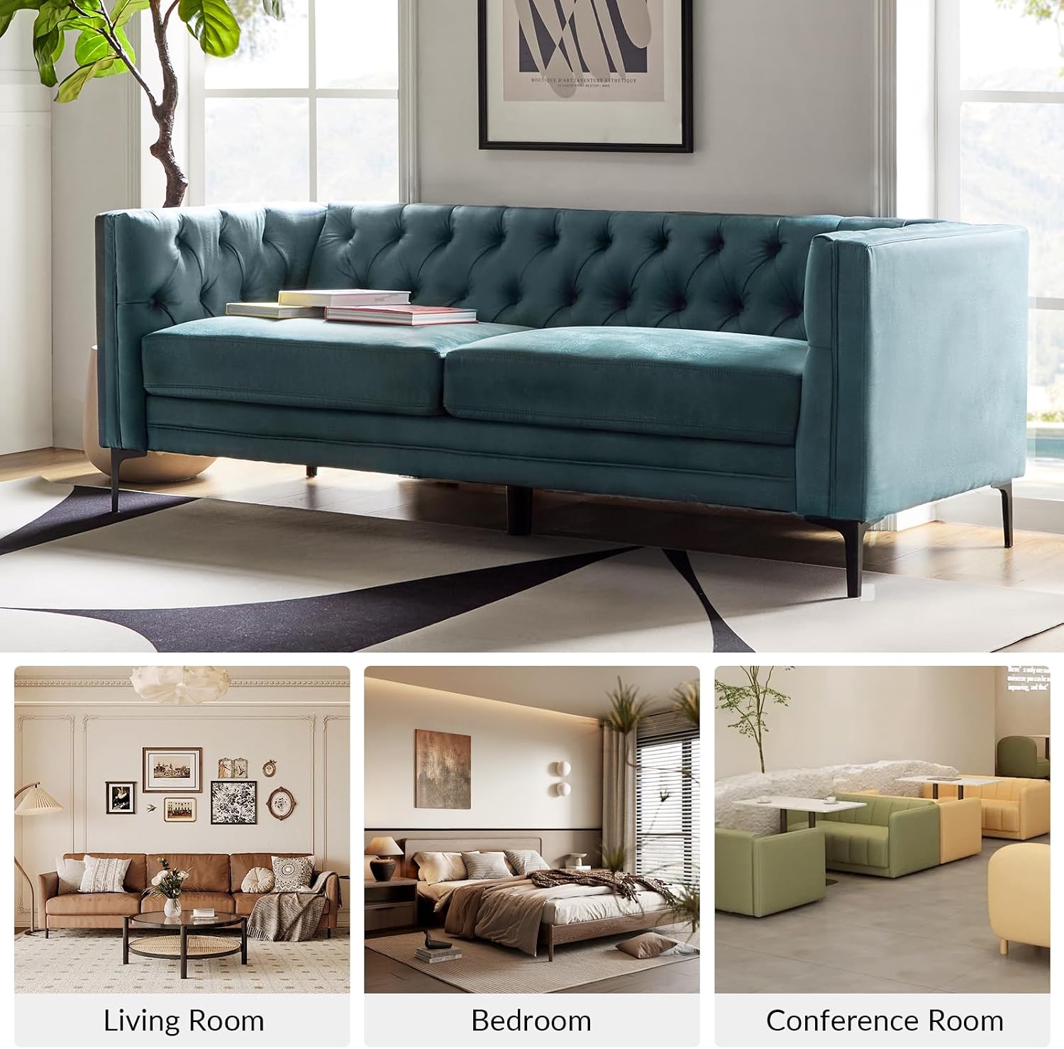 HULALA HOME 84' W Faux Leather Sofa, Mid Century Modern Couch with Metal Legs and Button Tufted, 3 Seater Contemporary Upholstered Couches for Living Room, Entertainment Area, Apartment, Blue