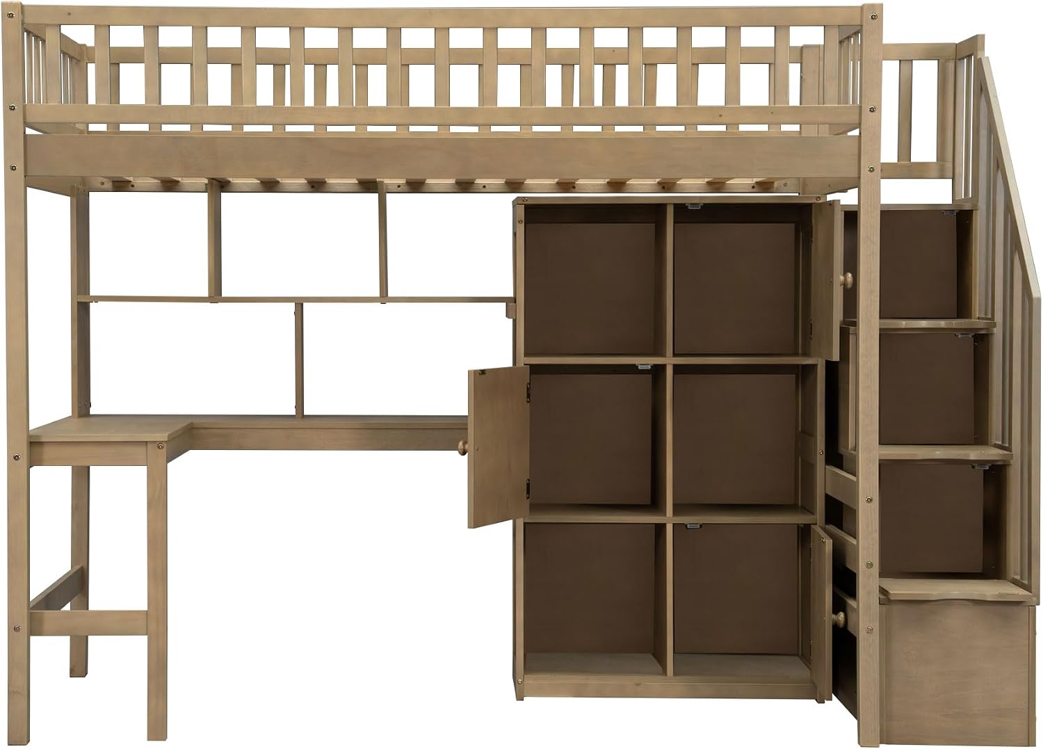 MERITLINE Twin Loft Bed with L-Shaped Desk and Storage Stairs, Solid Wood Loft Bed with LED Lights,Storage Shelves and Cabinets,Stairway Bed Frame with Bookshelves for Teens Adults (Walnut)