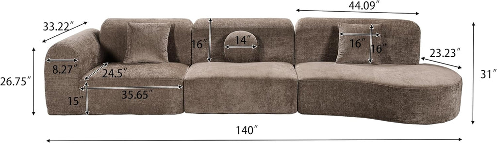 Merax 3-Piece 140' Curved Sectional Sofa Set, 4 Seat L-Shaped Modular Modern Cloud Couch with Chaise Lounge, 3 Pillows, Fully Assembled High-Density Compressed Sponge for Living Room, Brown