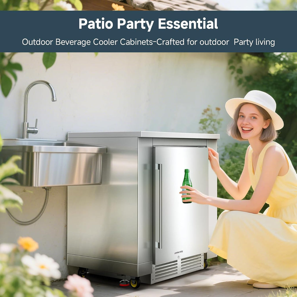 BODEGA Stainless Steel Outdoor Kitchen Cabinet for Beverage Fridge, Under Counter Beverage Refrigerator Cabinet Module is Designed to 24-inch Indoor/Outdoor Under-Counter Refrigerator.