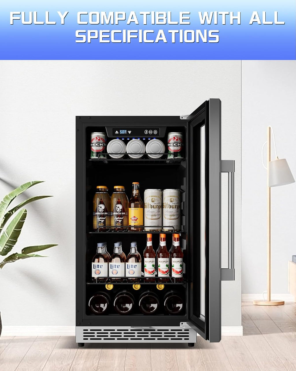 18 inch Glass Door Beverage Refrigerator – 160 Can Mini Fridge for Wine, Beer, Soda, Ideal for Home, Office, or Bar, Under Counter Built-In Design