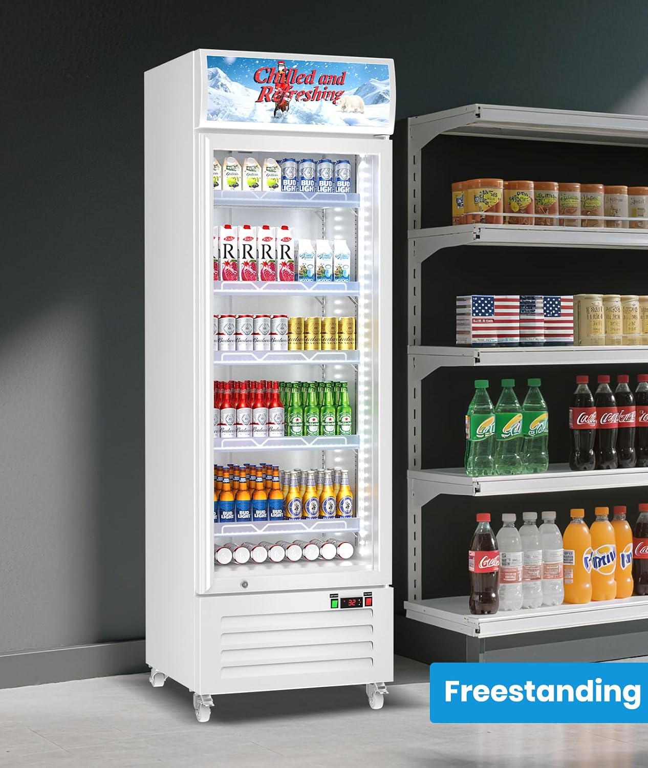Tylza Commercial Refrigerator with Glass Door Display Beverage Fridge, 13.52 Cu Ft Upright Beverage Cooler Merchandiser with Rebound Door, Fast Cooling, Low Noise, White