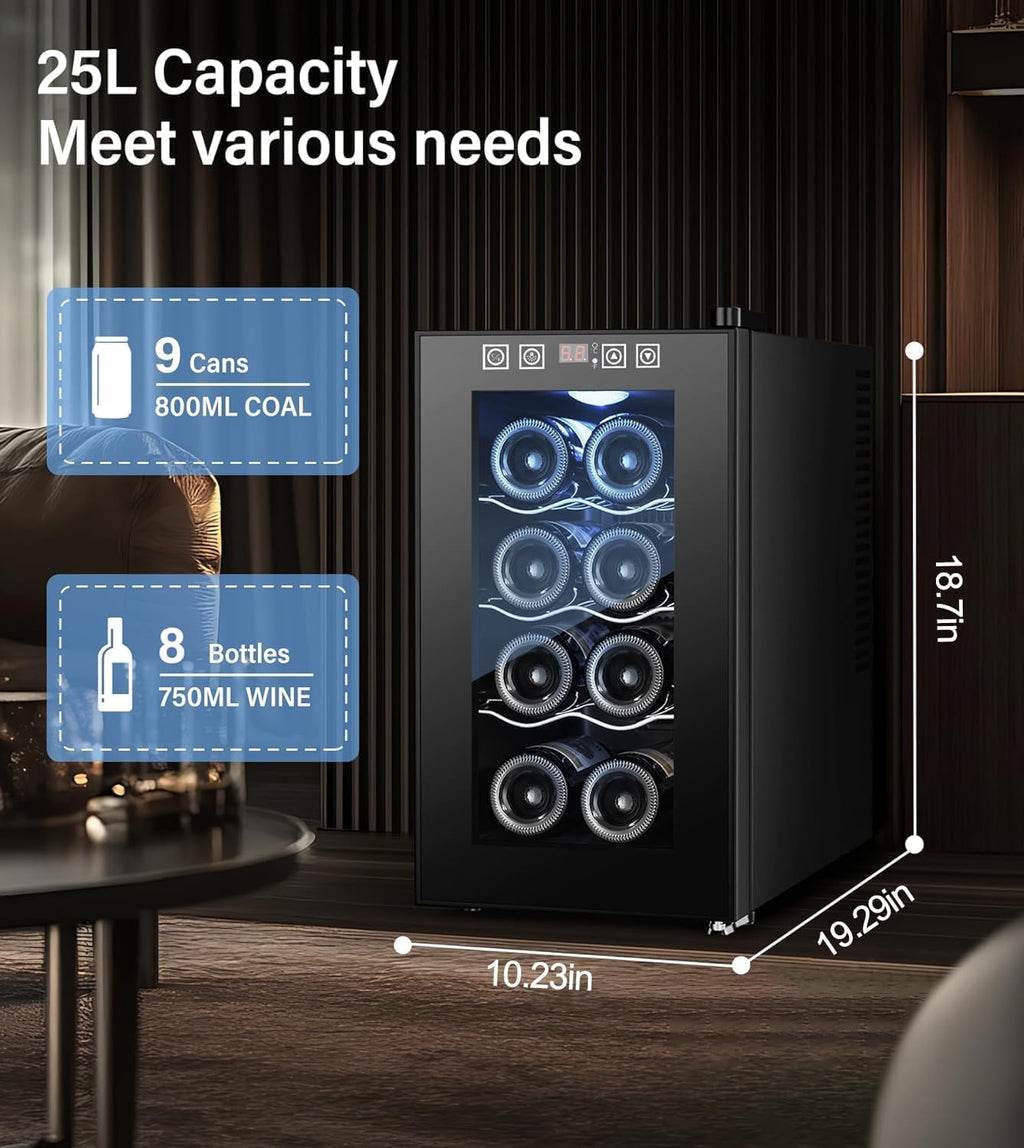8 Bottle Thermoelectric Wine Fridge, Mini Wine Cooler Refrigerator with LED Touchscreen & Low-E Glass Door, No Vibration Frost-Free Quiet, Countertop/Freestanding, Safety Lock