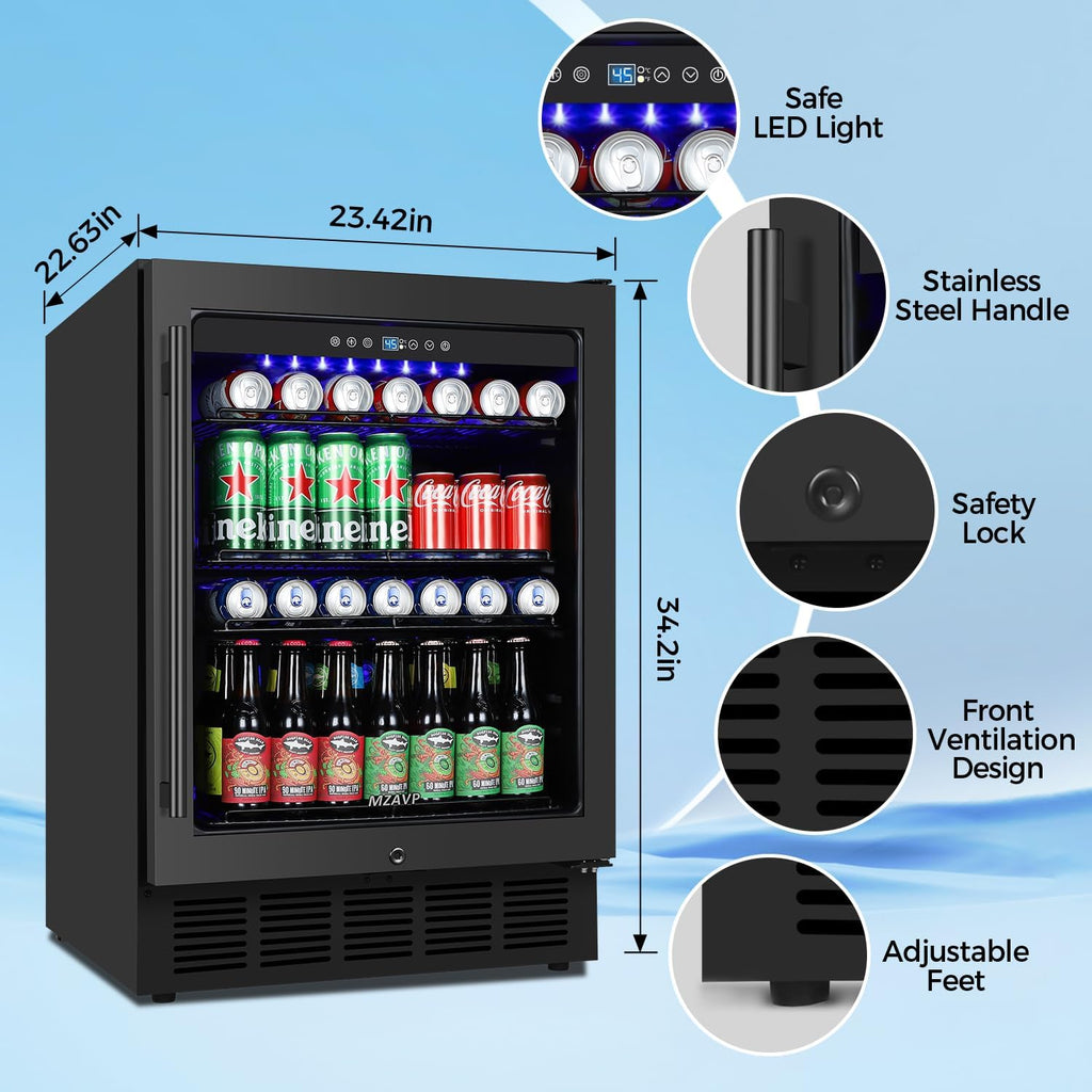 24 Inch Beverage Refrigerator Built-in Under Counter, 180 Cans Large Capacity Drink Fridge with Glass Door, 38dB Whisper Quiet Beer Cooler for Home Bar Office, Front Venting&Temperature Memory, Black