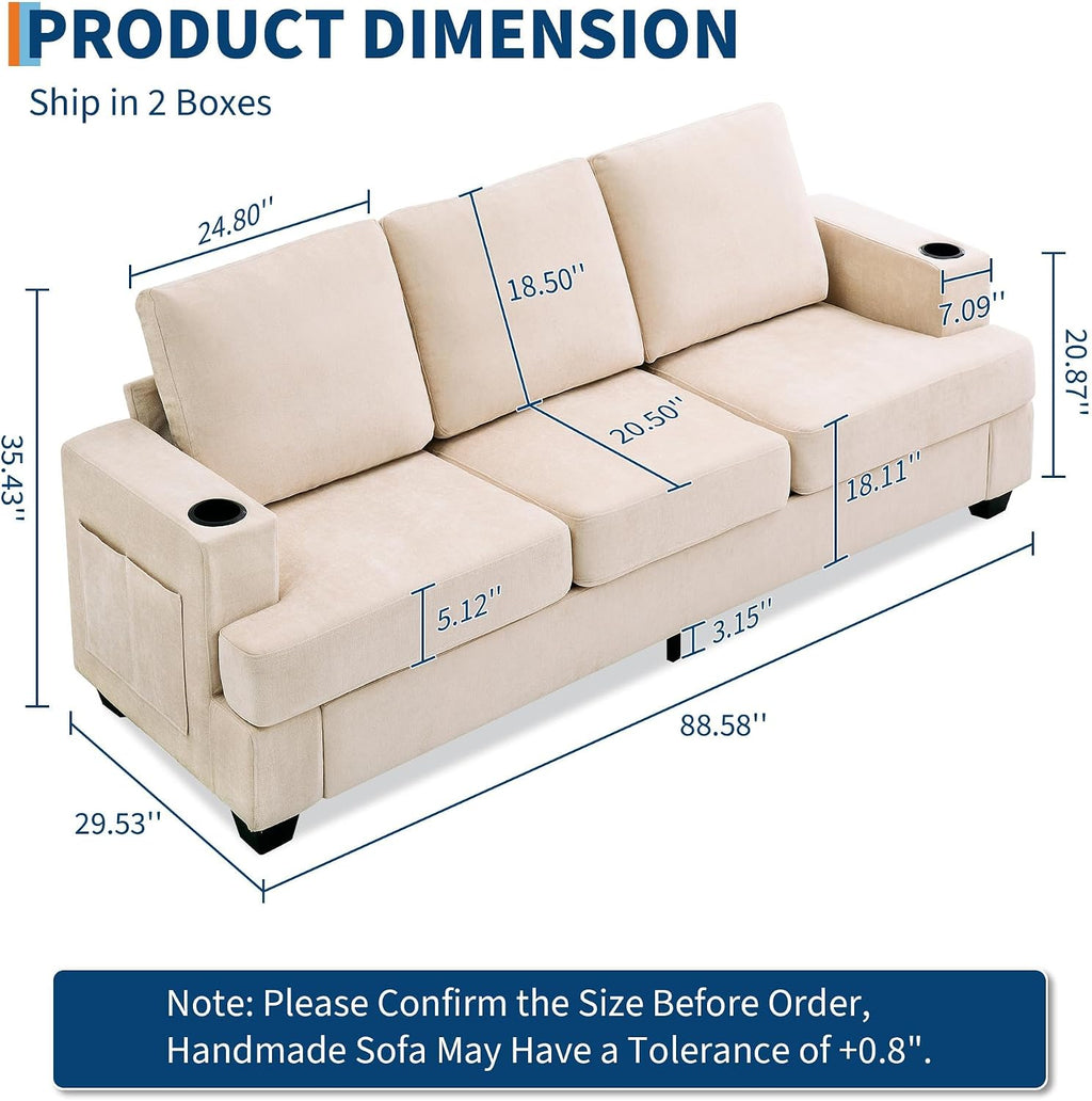 GarveeHome Modern 89 in 3-Seater Sofa for Living Room, Comfy Couches with Deep Seat, Chenille Couch with Cup Holders and Side Storage Pockets for Apartment Lounge, Beige
