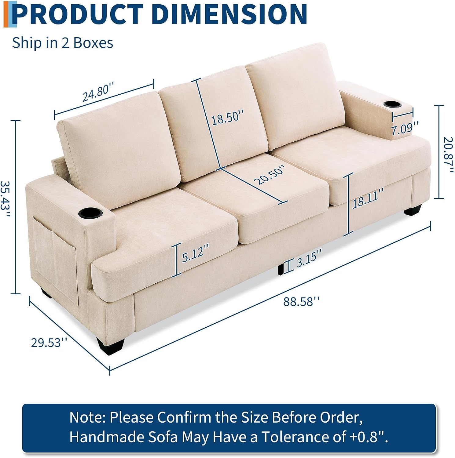 GarveeHome Modern 89 in 3-Seater Sofa for Living Room, Comfy Couches with Deep Seat, Chenille Couch with Cup Holders and Side Storage Pockets for Apartment Lounge, Beige