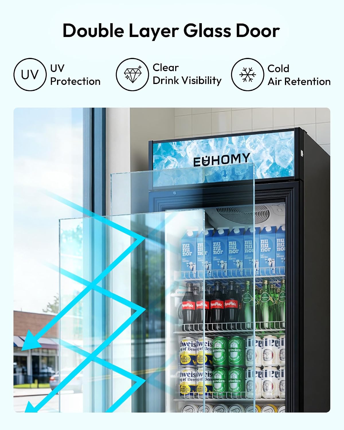 EUHOMY Commercial Refrigerator Glass Door, 12 Cu.Ft Commercial Beverage Refrigerator with Soft LED Light, Adjustable Shelves, Display Refrigerator for Restaurant Cafe Bar, ETL Listed