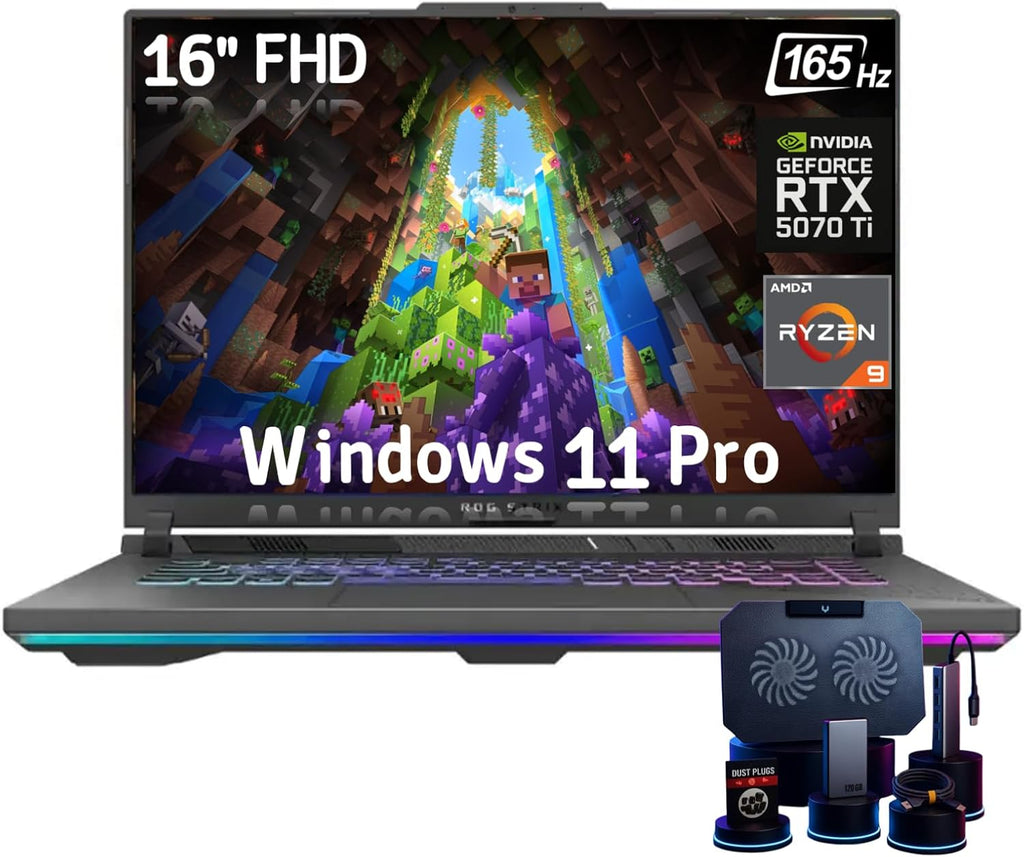 ASUS ROG Strix-G16 Gaming Laptop - AMD Ryzen 9 8940HX, 16' WUXGA 165Hz Display, NVIDIA GeForce RTX 5070 Ti 12GB GDDR7, 32GB DDR5, 1TB SSD, RGB Backlit KB, Windows 11 Pro, w/Accessories