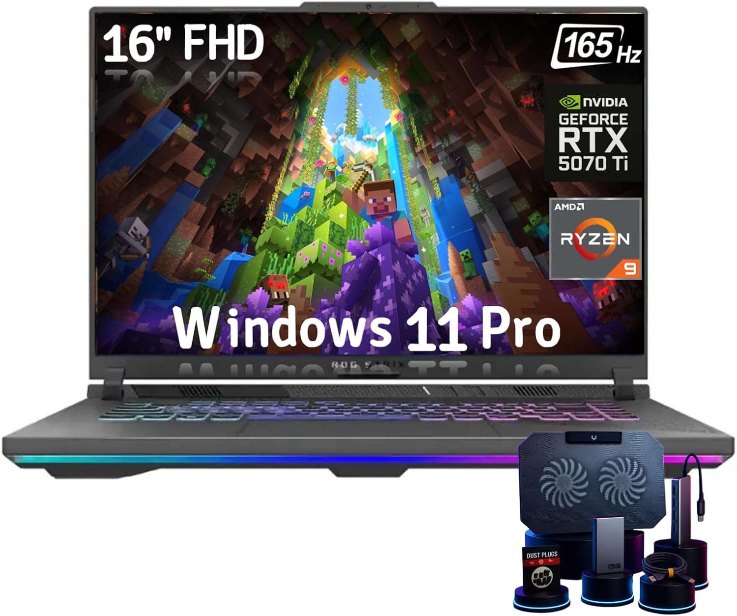 ASUS ROG Strix-G16 Gaming Laptop - AMD Ryzen 9 8940HX, 16' WUXGA 165Hz Display, NVIDIA GeForce RTX 5070 Ti 12GB GDDR7, 32GB DDR5, 2TB SSD, RGB Backlit KB, Windows 11 Pro, w/Accessories