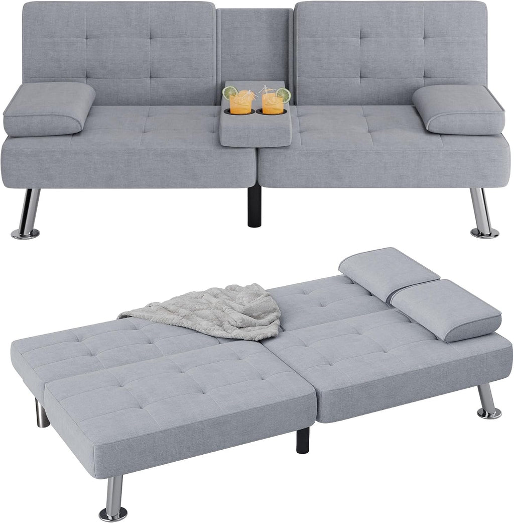 Flamaker Futon Sofa Bed Modern Folding Futon Set Linen Fabric Convertible Recliner Lounge for Living Room with 2 Cup Holders, Removable Armrests (Fabric, Light Grey)