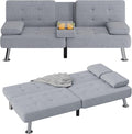 Flamaker Futon Sofa Bed Modern Folding Futon Set Linen Fabric Convertible Recliner Lounge for Living Room with 2 Cup Holders, Removable Armrests (Fabric, Light Grey)