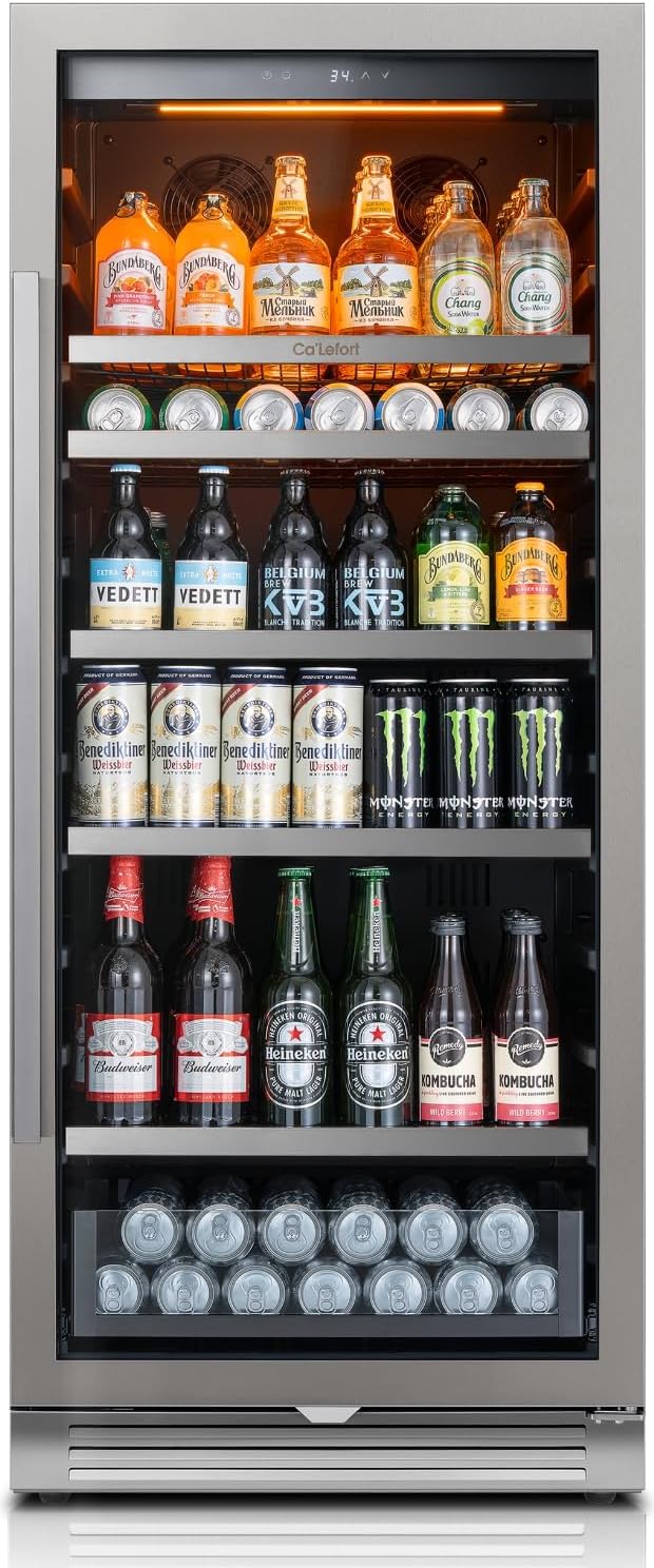 Ca'Lefort 24 Inch Beverage Refrigerator, 238 Cans Tall Beverage Fridge with Glass Door, 34-54°F Drink Fridge with 3 LED for Bar/Kitchen/Office, Freestanding or Built-In Beer Cooler for Beer/Soda/Wine