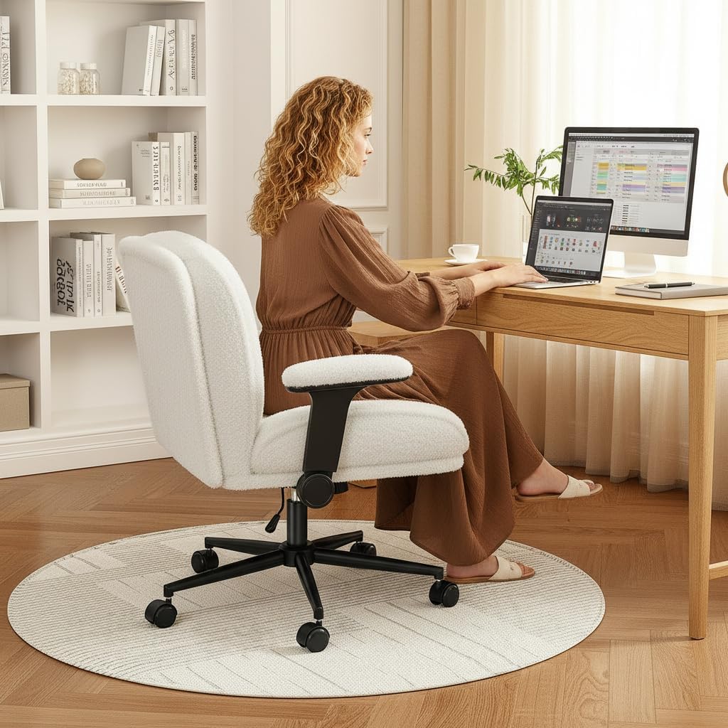 DurayLoly Criss Cross Chair with Wheels,Flip Up Arms,Wide Seat,Teddy Fleece,Adjustable Height,Cross Legged Desk Chair for Bedroom,Dorm,Home Office,White