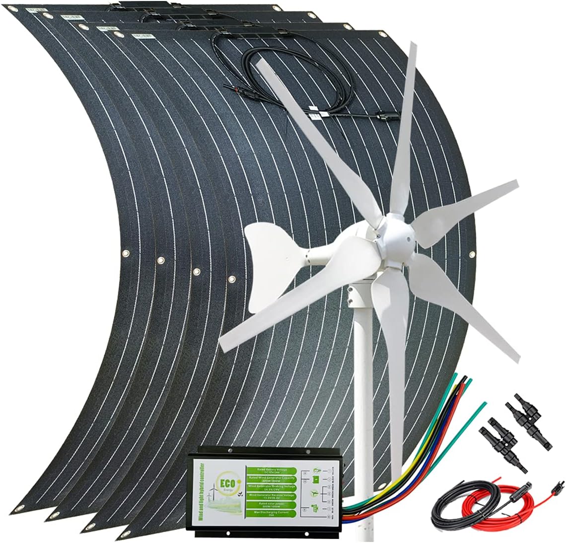 400W ETFE Flexible Mono Portable Solar Panel for RV Boat Home + 400W 24V Wind Turbine Generator + Hybrid Controller + Solar Extension Cable + Connector - 800W Solar Wind Kit