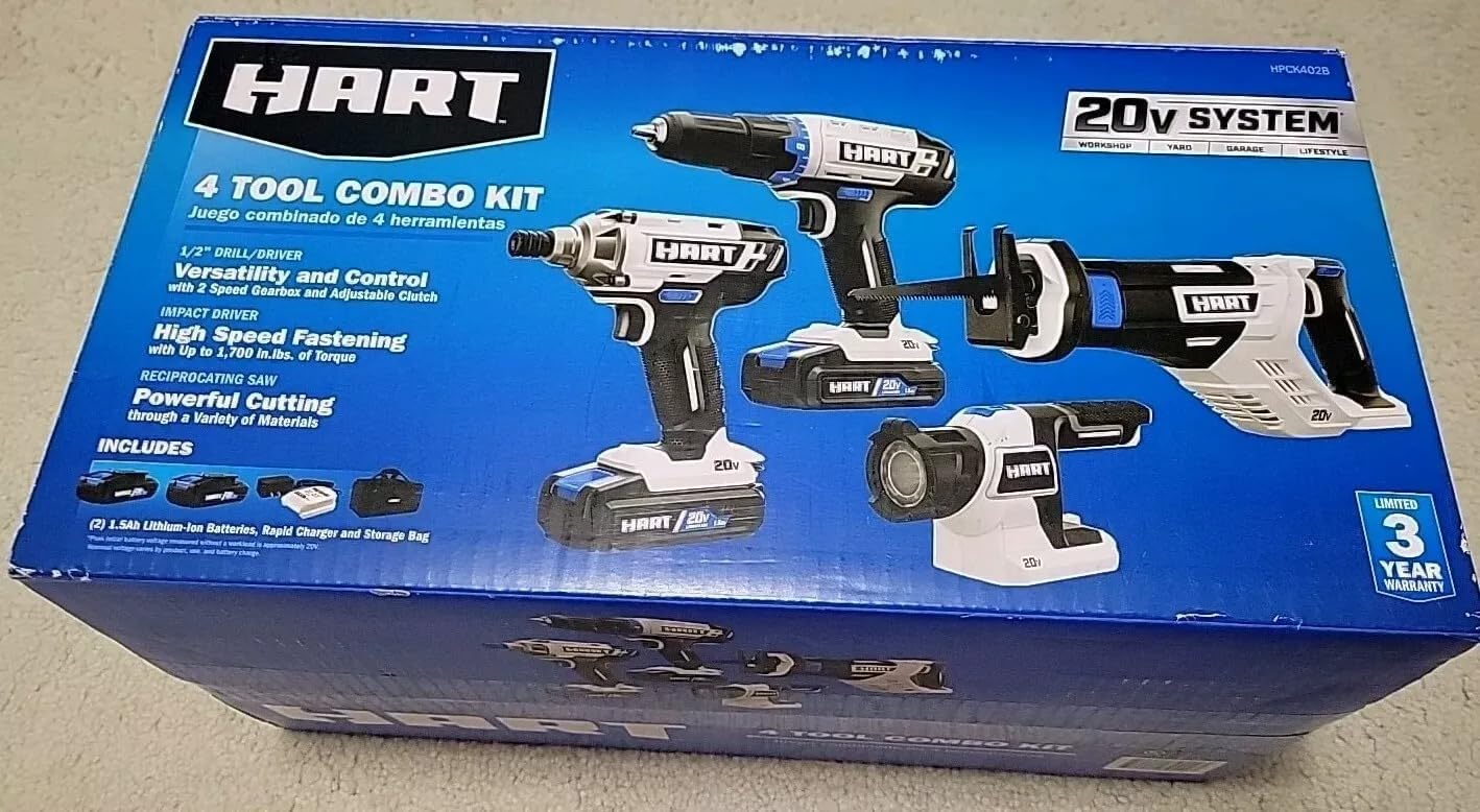 HPCK402B for Hart 20V Cordless 4-Tool Combo Kit With 2 Batteries Charger & Tool Bag
