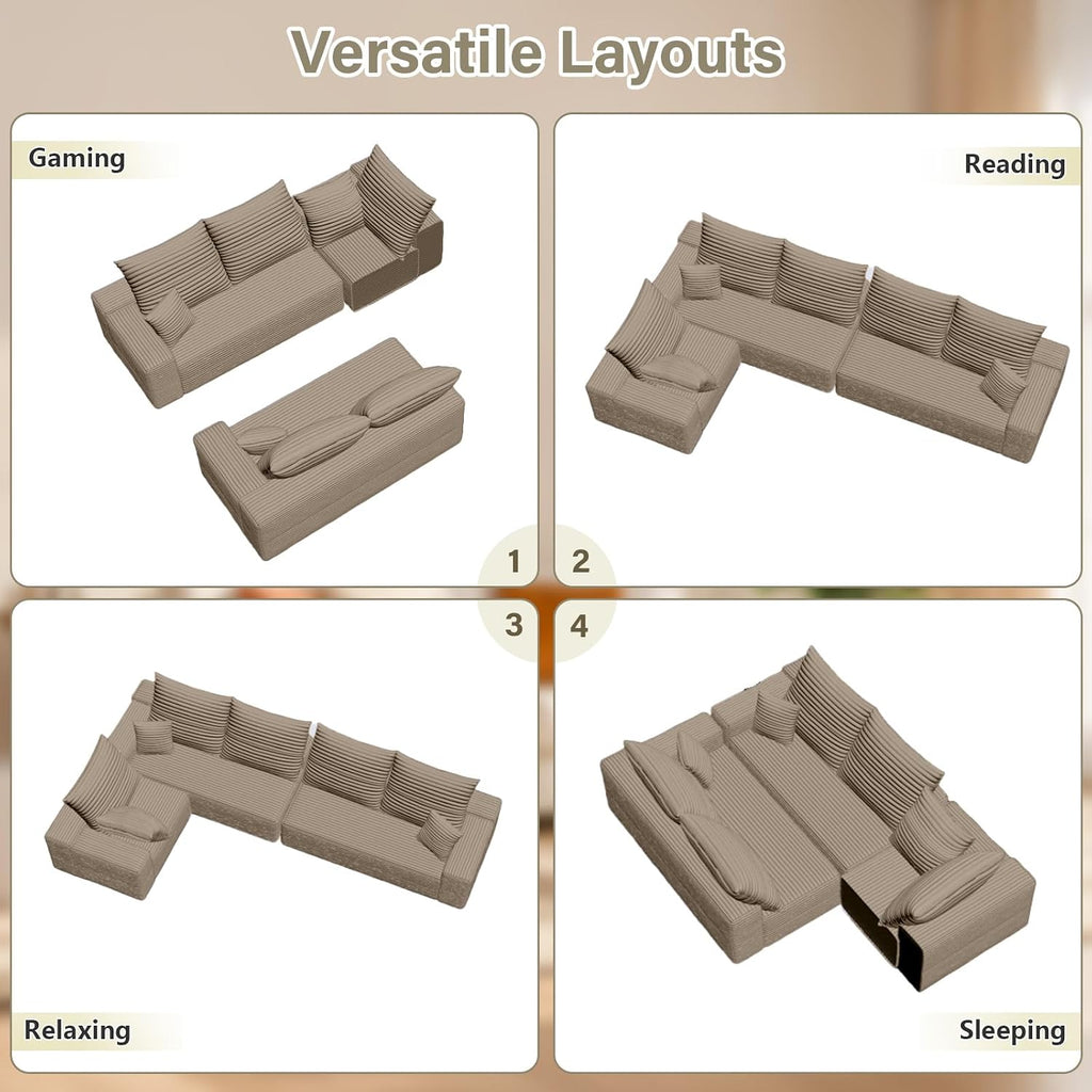 Sectional Cloud Couch for Living Room, Modern Modular Floor Deep-Seat Sofa, Upholstered L Shaped Sofas, Big Comfy Corduroy Couches Set for Living Room Bedroom, No Assembly Required, Camel