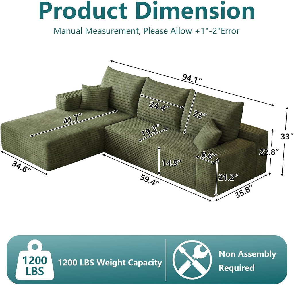 95' Modular Sectional Couch, Boneless L Shaped Cloud Sofa with Chaise Lounge, Corduroy Upholstered Couches Memory Foam Deep Seat, No Assembly Required, Ideal for Living Room(Green, Left Facing)