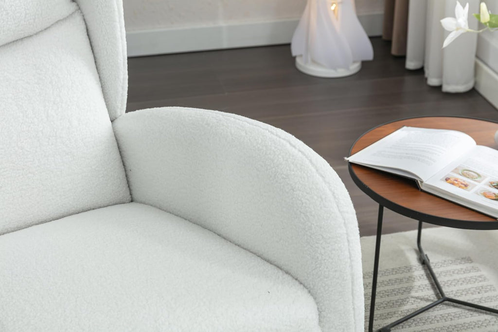 Nursery Glider Chair - Wingback Teddy Upholstered Rocking Chair with High Backrest, Ergonomic Rocker Chair for Breastfeeding & Baby Room, Modern Accent Armchair for Living Room & Bedroom, Lvory