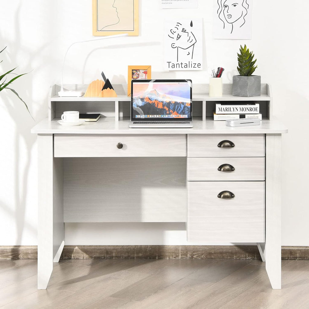 Tangkula White Desk with 4 Storage Drawers & Hutch, Home Office Computer Vintage Desk, Writing Study Table with Storage Shelves, Wooden Executive Desk (White)