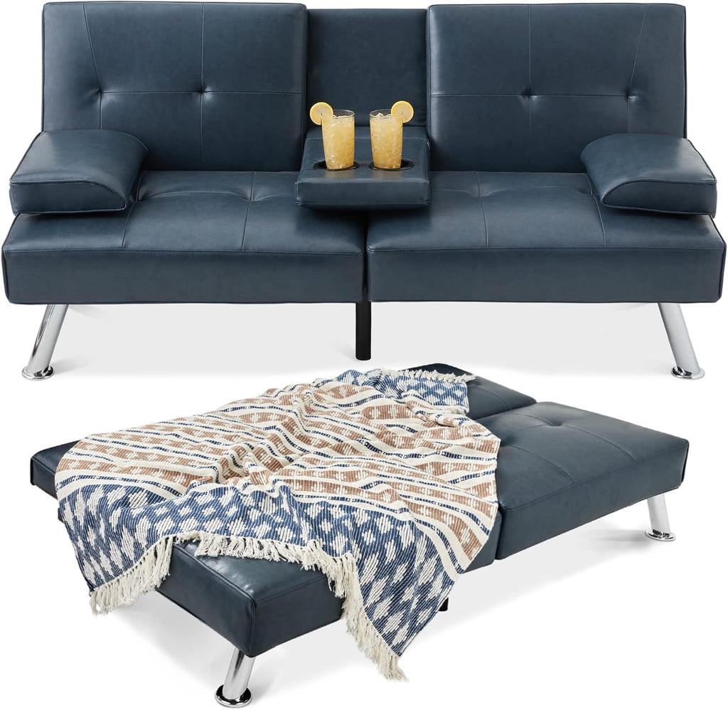 Best Choice Products Faux Leather Upholstered Modern Convertible Futon, Adjustable Folding Sofa Bed, Guest Bed w/Removable Armrests - Blue