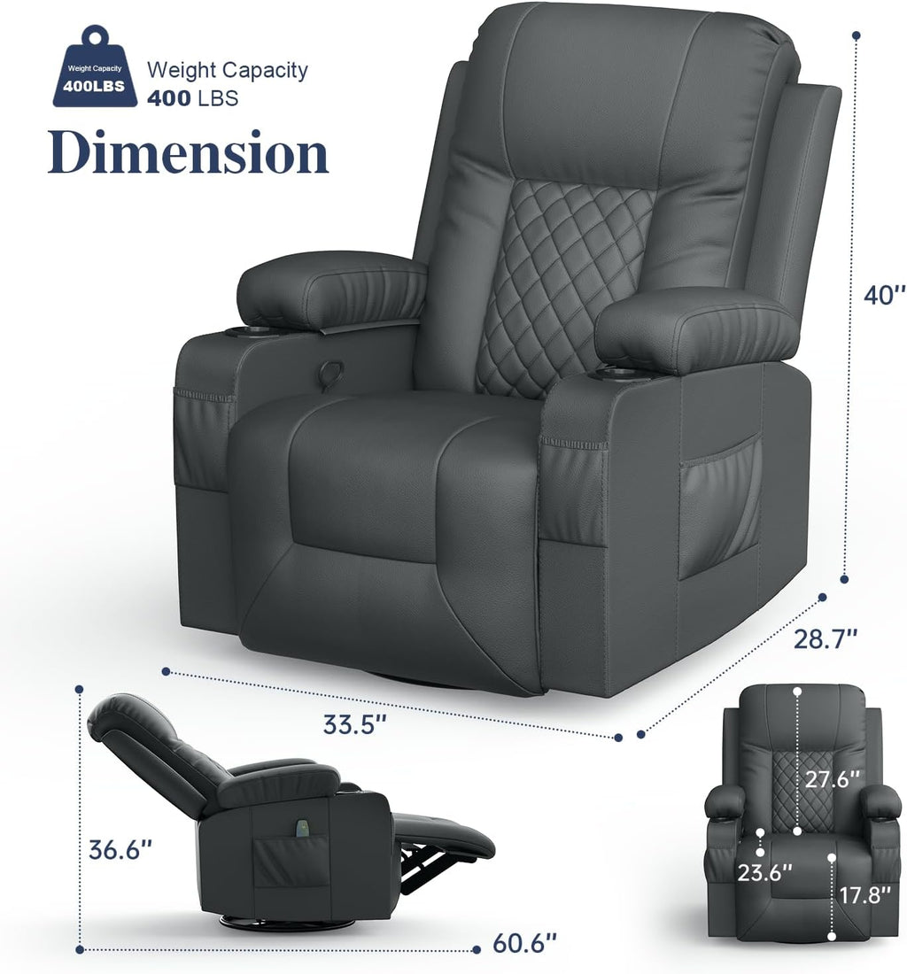 FURNIMAT Recliner Chairs for Adults, Massage Rocker with Heated Modern Ergonomic Lounge 360 Degree Swivel Single Sofa Seat Living Room Lounge Recliners Gray