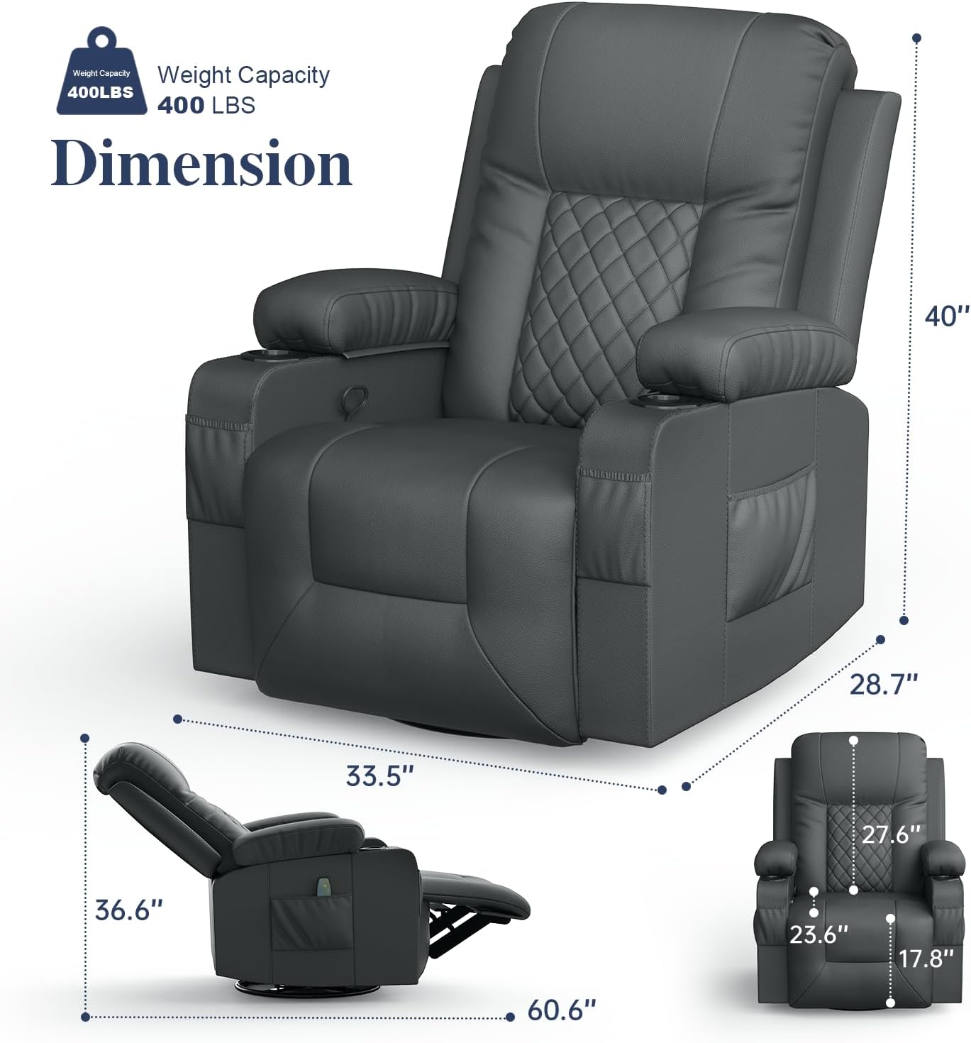 FURNIMAT Recliner Chairs for Adults, Massage Rocker with Heated Modern Ergonomic Lounge 360 Degree Swivel Single Sofa Seat Living Room Lounge Recliners Gray