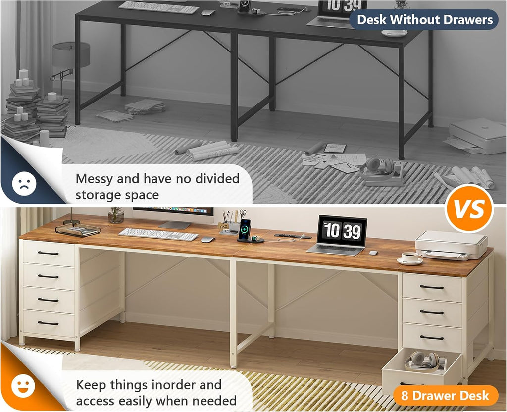 TVU 95' 2 Person Desk with 8 Fabric Drawers, Long Computer Desk Home Office Desk with Storage, Two Person Double Desks with Power Outlets, Brown and White