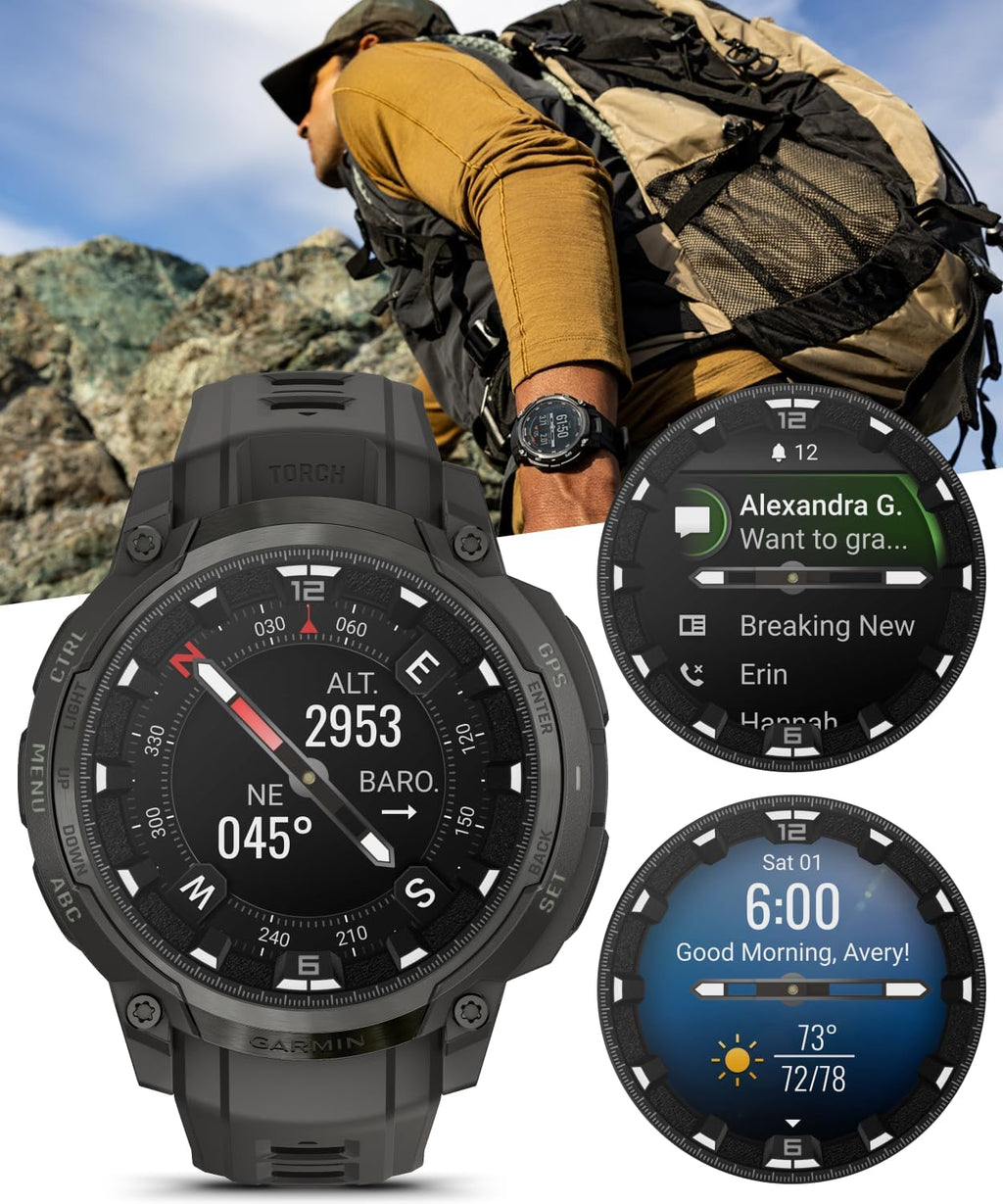 Garmin Instinct Crossover 1.2' AMOLED Sapphire Rugged Hybrid GPS Smartwatch, Analog Hands, Health & Wellness Monitoring, Charcoal Black Earbuds Bundle