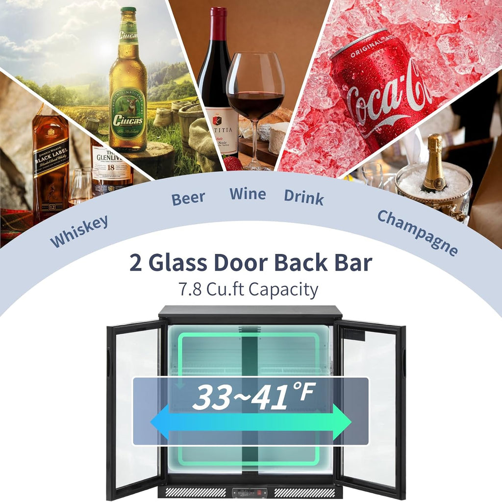 ICECASA 36' W Beverage Refrigerators 2 Glass Door Back Bar Refrigerator Commericial Undercounter cooler Wine Merchandiser 7.8 Cu.ft for Soda Beer