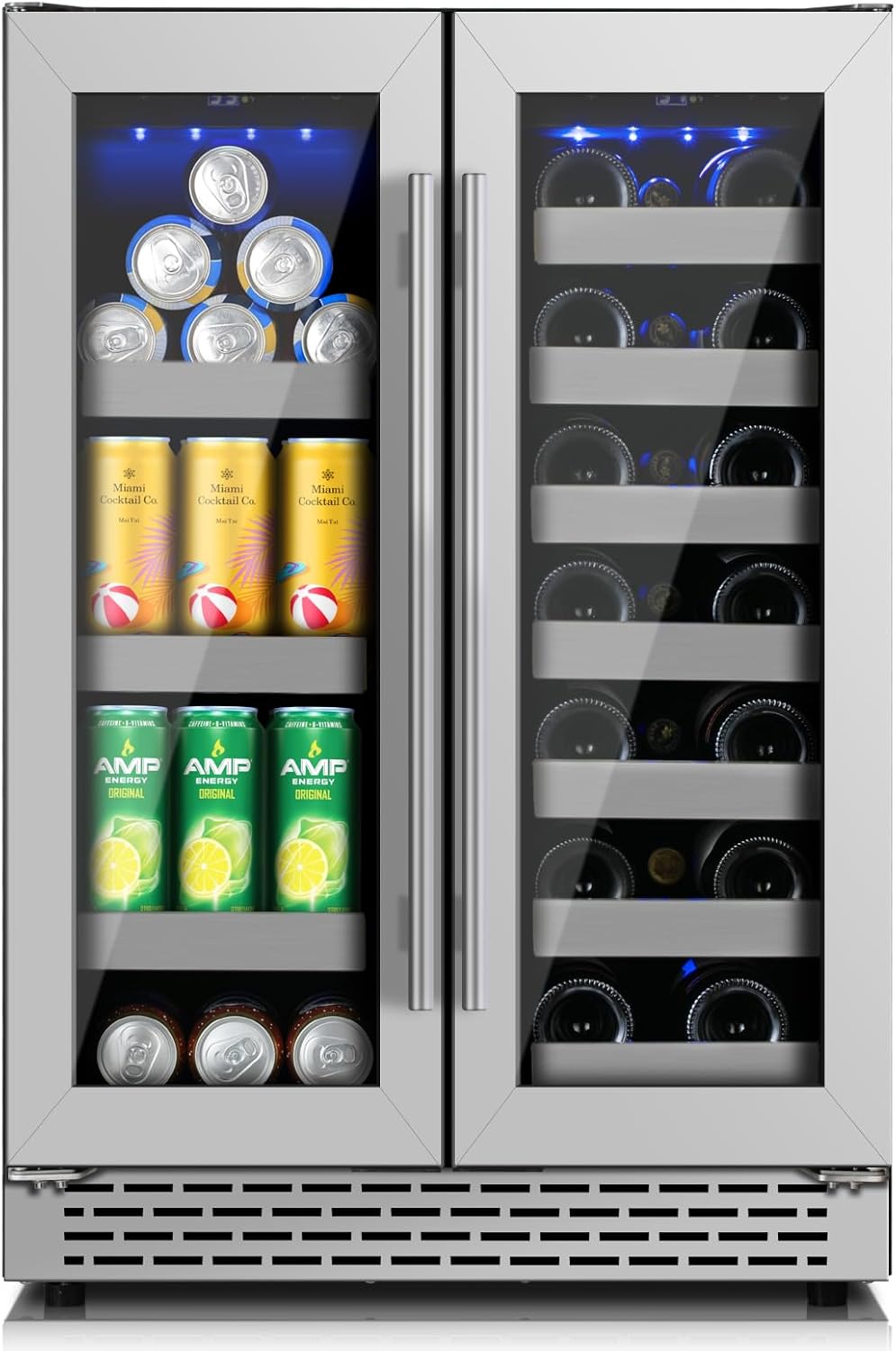 24 Inch Wine and Beverage Refrigerator, Dual Zone Wine Cooler Refrigerator- 20 Bottles & 88 Cans with Stainless Steel Racks, Under Counter/Freestanding Beverage Fridge for Drink/Beer/Wine