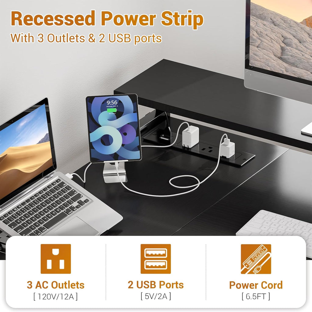 Aheaplus L Shaped Desk with File Drawer, Reversible L Shaped Computer Desk Gaming Desk with Power Outlet & LED Strip, Home Office Desk with Monitor Shelf, Corner Desk with Storage Shelves, Black
