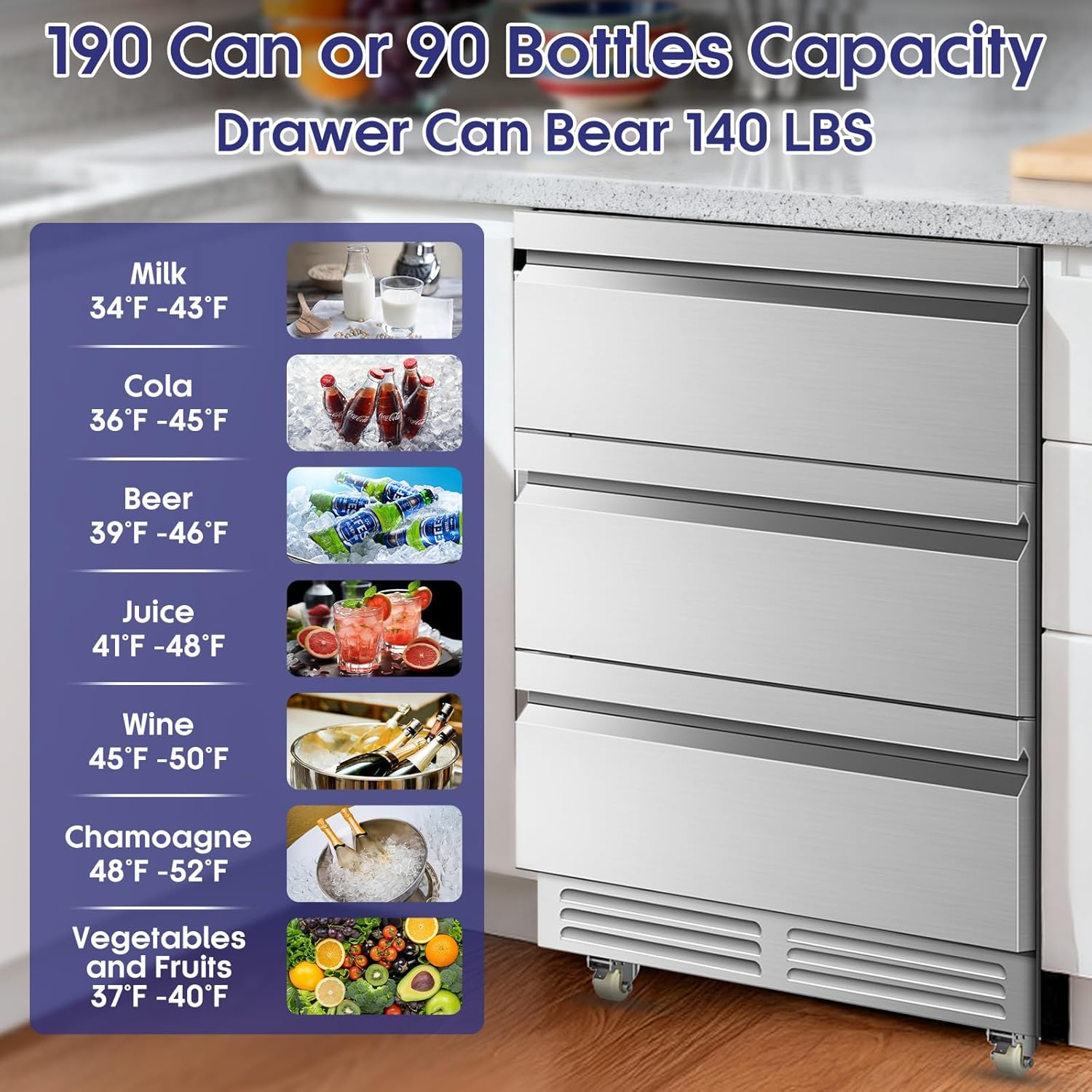 Tylza 3 Drawers Beverage Refrigerator, 190 Cans 24'' Beverage Fridge with Wheels, Outdoor Waterproof, All Stainless Steel Body, Undercounter or Freestanding, Drink Fridge for Home, Patio & Commercial
