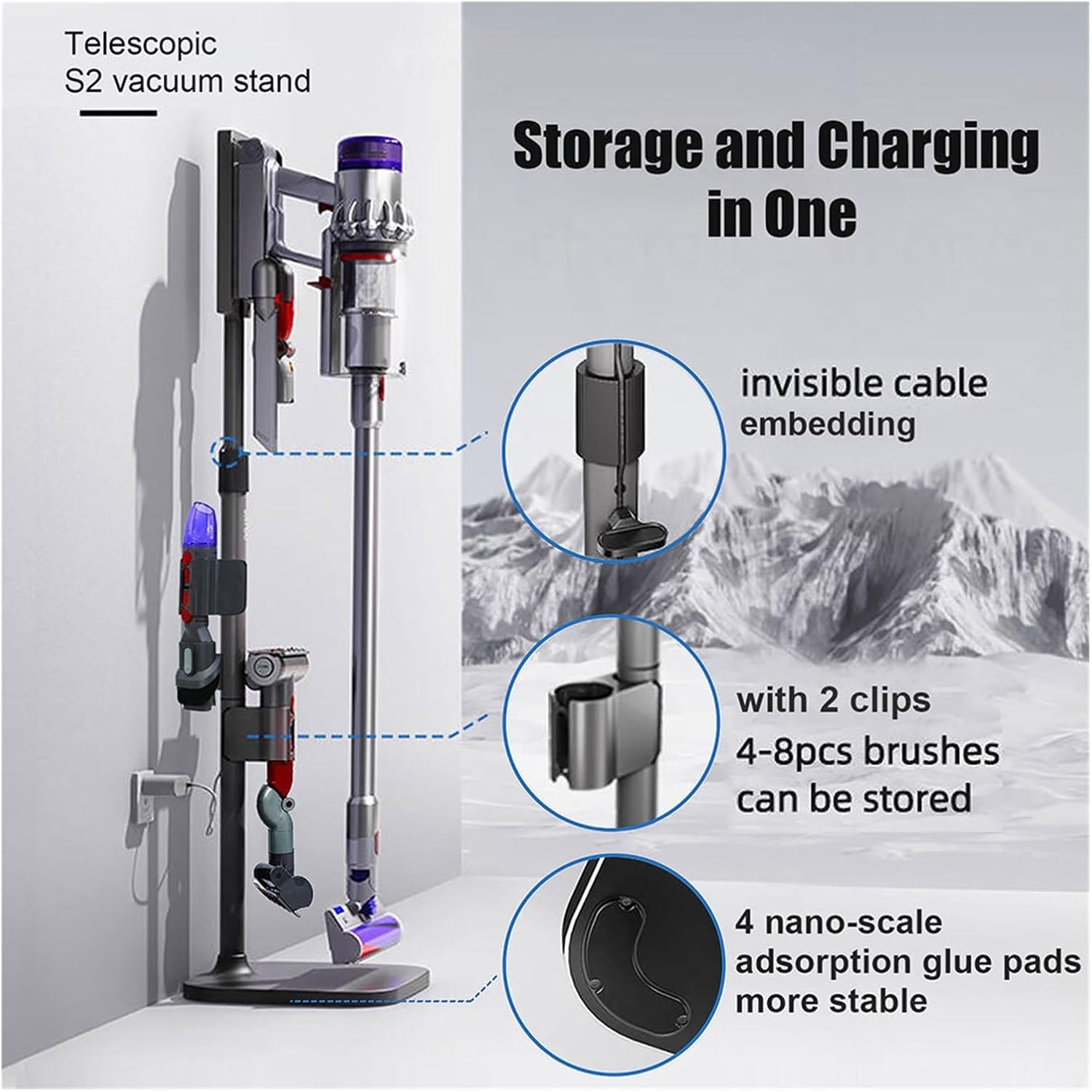 Vacuum Cleaner Stand Storage Bracket ，Compatible for Dyson ，V10 V11 V15 V12slim Accessories Holder Adjustable Height No Punching Rack(S3-Carbon Steel Base)
