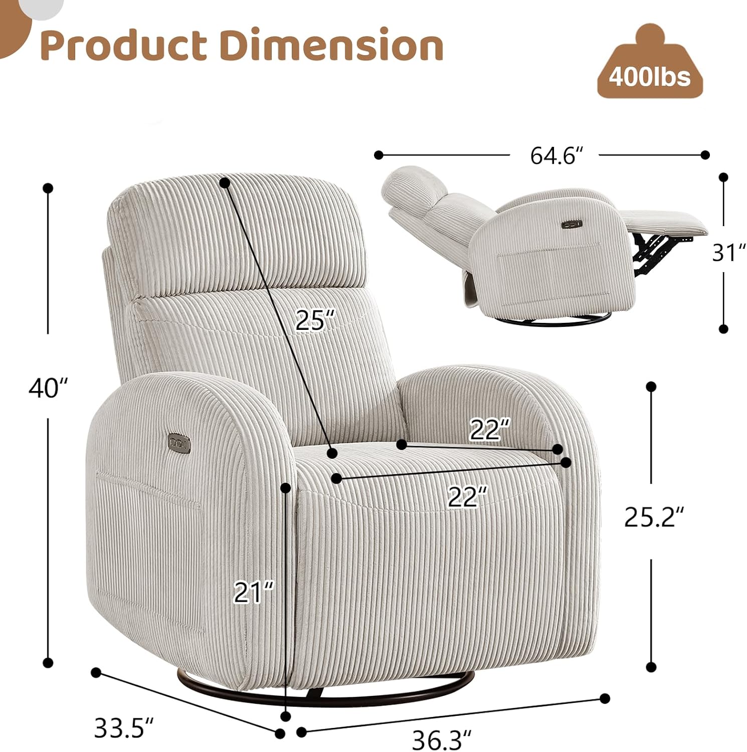 Power Swivel Rocker Recliner Nursery Glider Recliner, Swivel Glider Recliner with USB & Type-C Port, Reclining Nursery Rocker with Double Pockets for Living Room, Camel, Corduroy